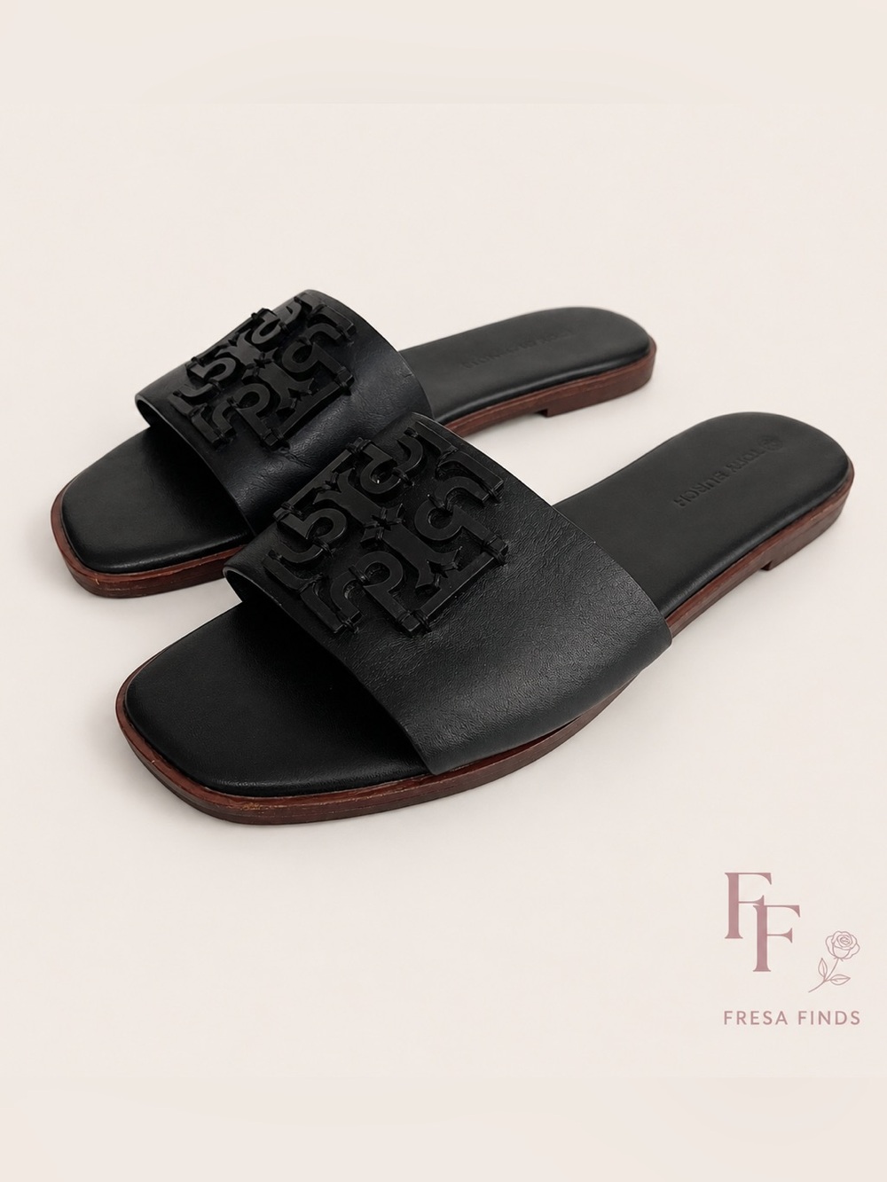 Tory Burch Ines Slide Sandals Black Leather Double T Logo Slides Size 8.5